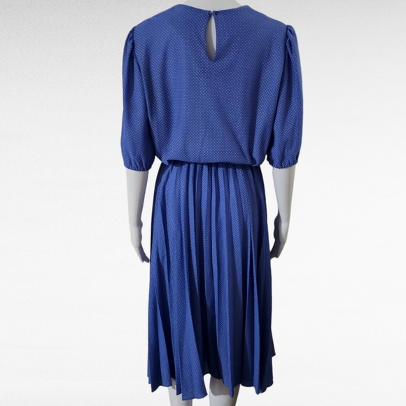 Vintage Laurel Ridge 70s Blue & White Polka Dot Pintuck Pleated Dress Size 15/16 - Picture 4 of 6